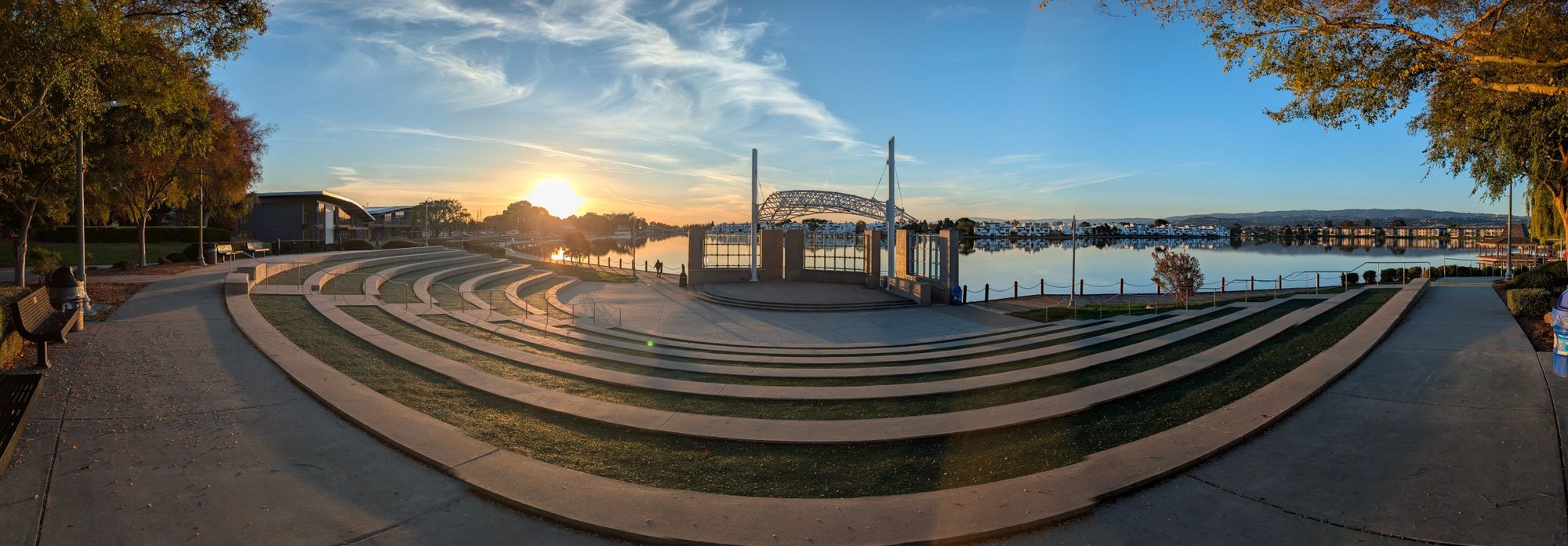 Sunrise over the Foster City lagoon at Leo J. Ryan Park amphitheater before load-in